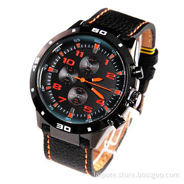 Men Wrist Leather Band Watch with Three Decorative Eyes, Japan Movt, Stainless Steel Back